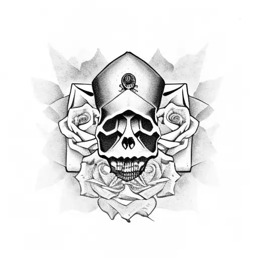 skull with roses and aztec pyramid tattoo design idea