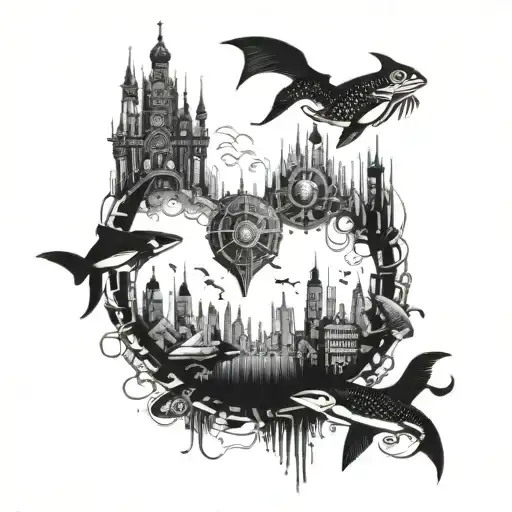 An intricate design of a futuristic cityscape with a mysterious underwater world below, incorporating elements of finswimming and curiosities in world music tattoo design idea