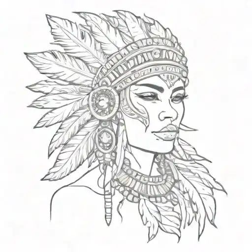 feather and indigenous women face made tattoo design idea