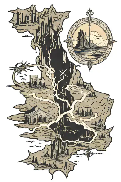 lotr map with broken sword piercing tattoo design idea