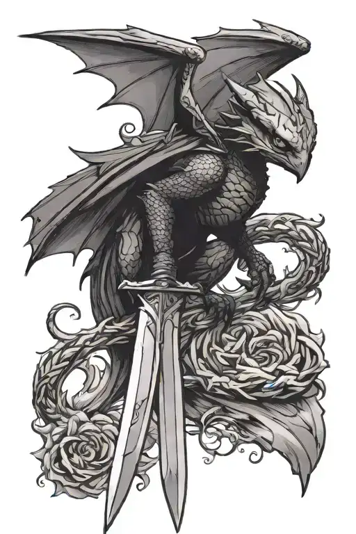 a tall sword with toothless the dragon perched on top with wings out tattoo design idea