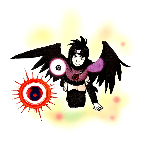 Raven with wings open, sharingan eyes from naruto anime, for chest tattoo design idea