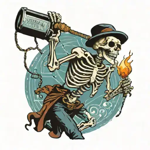 skeleton chasing a bottle of potion that is attached to a stick and string  tattoo design idea