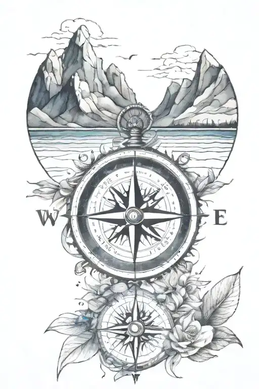 Compass with ocean and mountains tattoo design idea