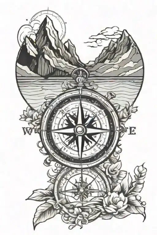 Compass with ocean and mountains tattoo design idea