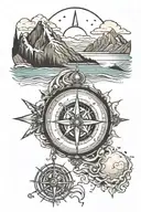 Compass with ocean and mountains tattoo design idea