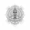 Meditating Brahman surrounded by intricate Sanskrit script tattoo design idea