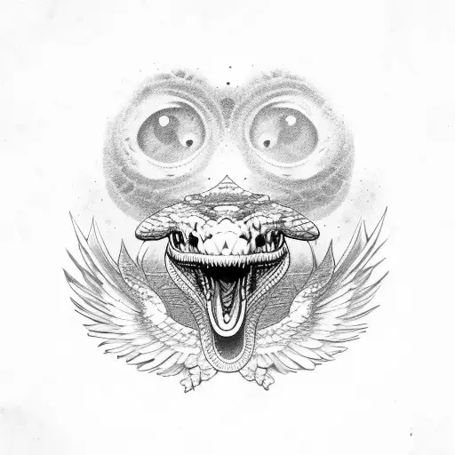 With an open-mouthed snake and eagle's wing orbiting the lunar planet. tattoo design idea