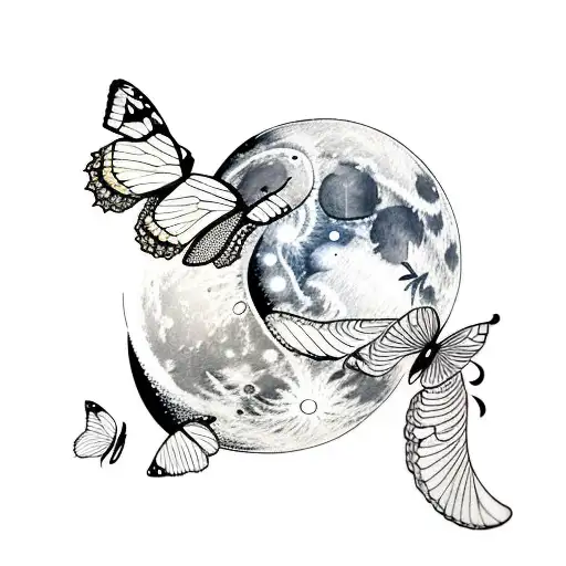 moon with the outline of two butterflies flying in front tattoo design idea