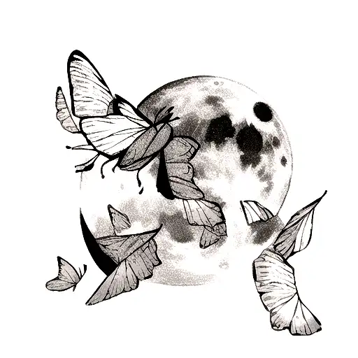 moon with the outline of two butterflies flying in front tattoo design idea