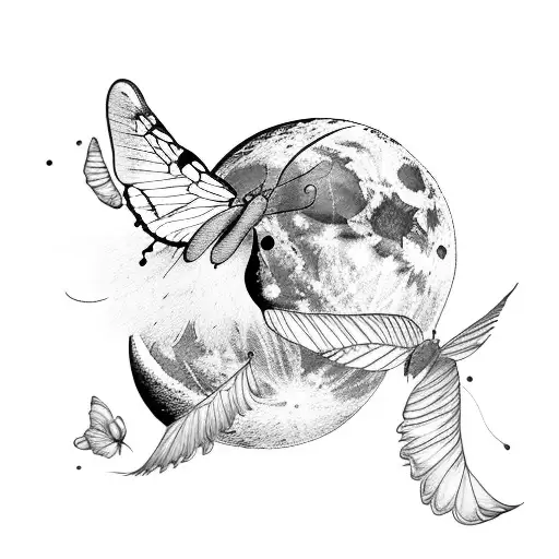 moon with two butterflies flying in front and feathers in the back  tattoo design idea