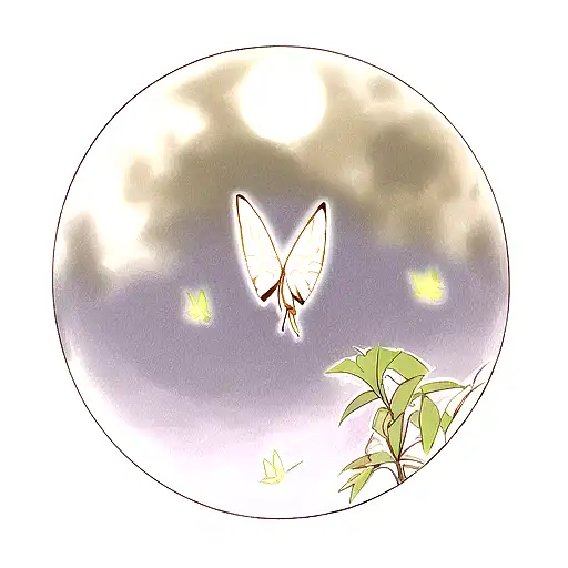 full shining moon with the outline of two small butterflies flying  tattoo design idea