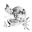 moon with the outline of two butterflies flying in front tattoo design idea
