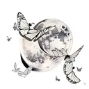 moon with the outline of two butterflies flying in front tattoo design idea