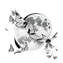 moon with the outline of two butterflies flying in front tattoo design idea