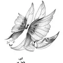 moon with two butterflies flying in front and feathers in the back  tattoo design idea