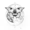 moon with two butterflies flying in front and feathers in the back  tattoo design idea