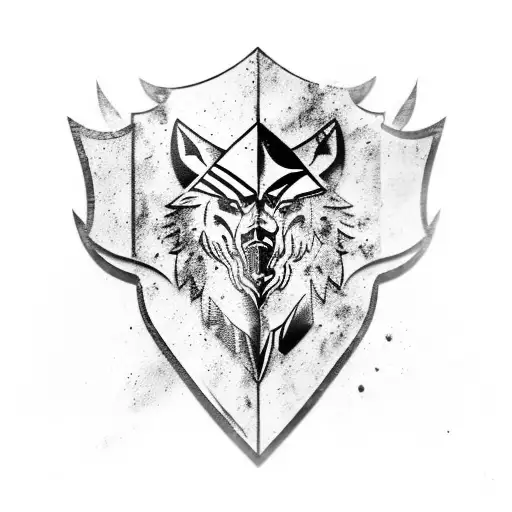 king Leonidas mixed with wolf pack sword and shield in a flamed battlefield and the Greek flag as background tattoo design idea