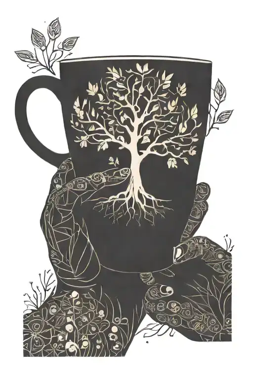 The hands hold a ceramic coffee cup with a delicate tree motif etched on it. Inside the coffee, tiny seeds or soil parti tattoo design idea