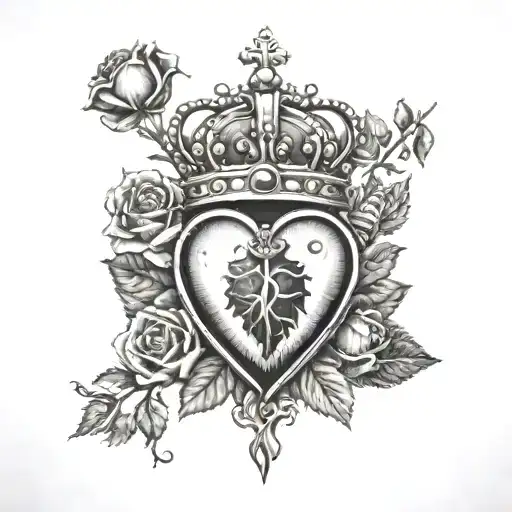 sacred heart with roses and crown. black and white  tattoo design idea