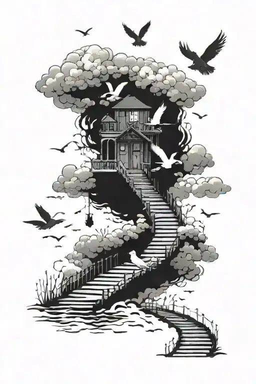 A boardwalk as the stairs of heaven with surrounding clouds and doves into a dark cloud filled sky  tattoo design idea
