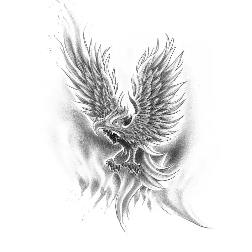 A black-grey tattoo of a phoenix engulfed in flames tattoo design idea