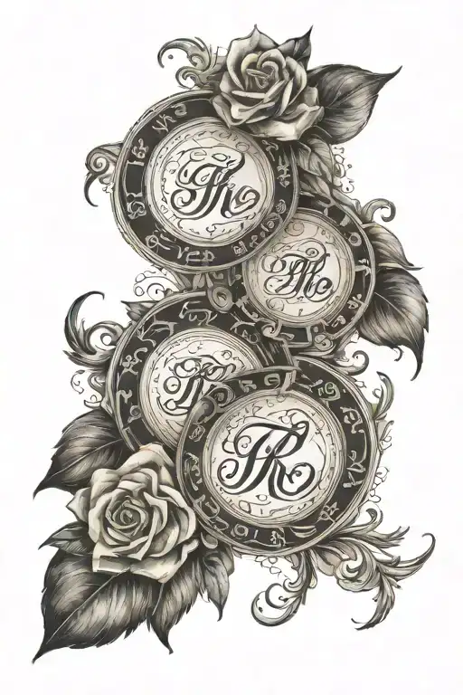 calligraphic arm sleeve tattoo featuring names intertwined "Bryston", "Evelyn", "Pepper"  tattoo design idea