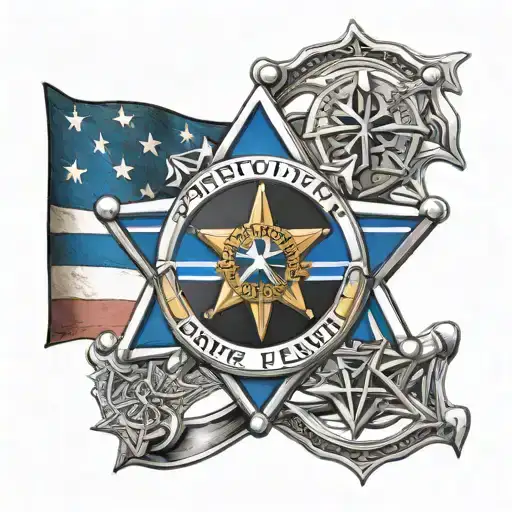thin blue line flag 6 point sheriff star badge surrounded tattoo design idea
