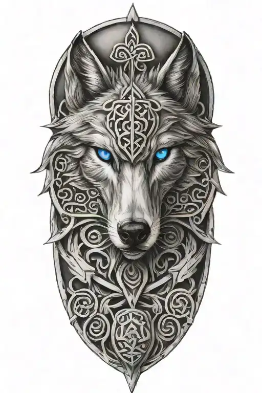 wolf with blue eyes on armor tattoo design featuring Celtic trinity knot  tattoo design idea
