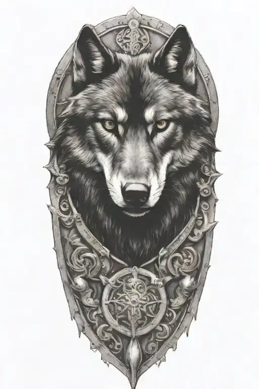 black wolf on armor looking forward  tattoo design idea