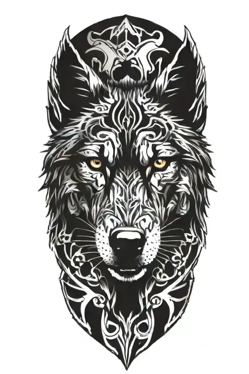 black wolf head  on top of metal  armor  tattoo design idea