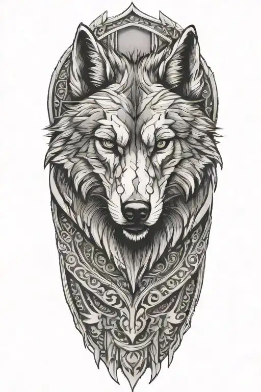 layered body armor with a black wolf  tattoo design idea