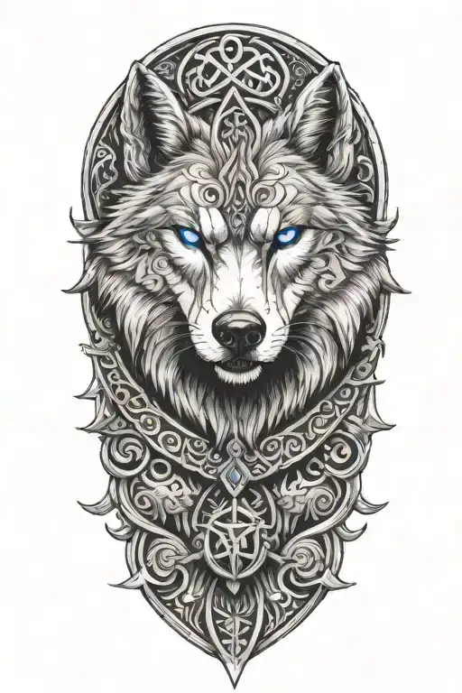 wolf with blue eyes on armor tattoo design featuring trinity knot  tattoo design idea