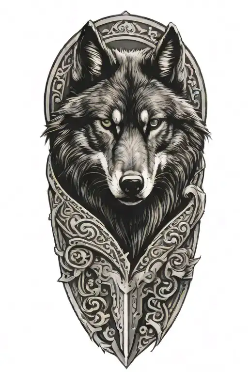 black wolf on armor looking forward  tattoo design idea