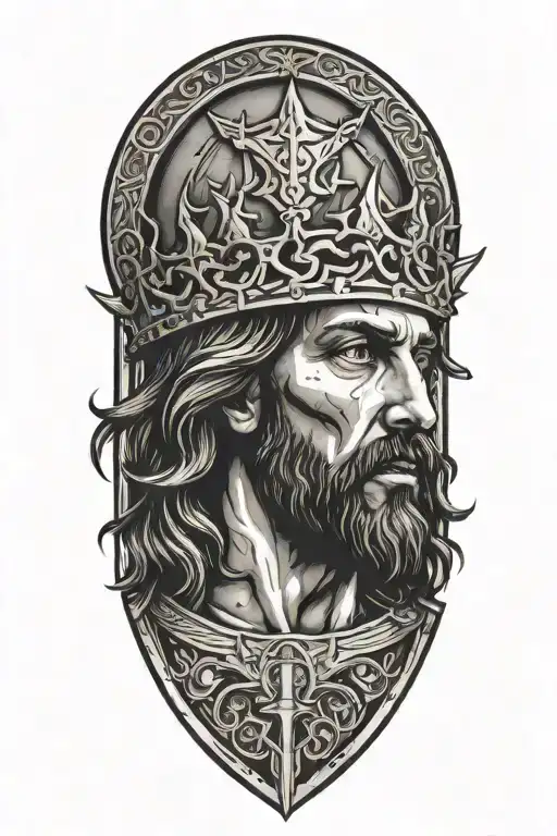 jesus with thorns on head on top of metal  armor  tattoo design idea