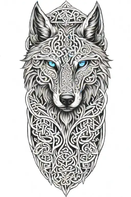 wolf with blue eyes on armor tattoo design featuring Celtic knotwork tattoo design idea