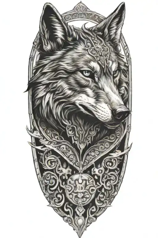 black wolf on armor looking forward facing female pretty tattoo design idea