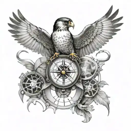 Peregrine and compass intertwined tattoo design idea