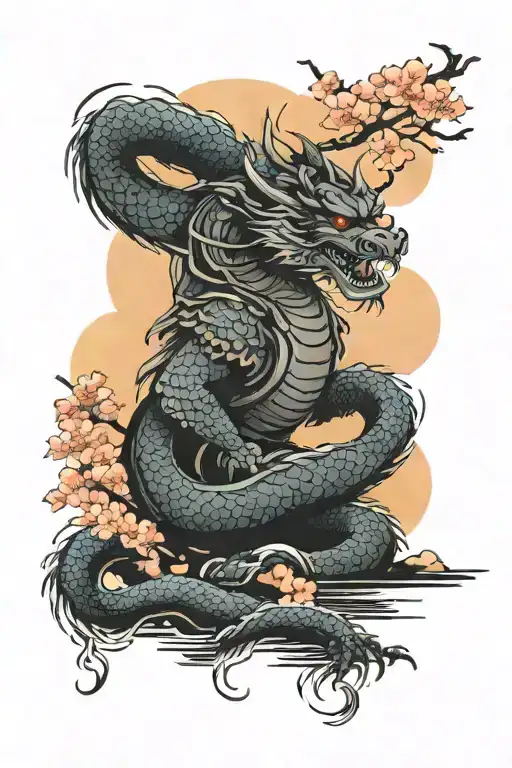 samurai dragon sakura sunset tattoo design idea