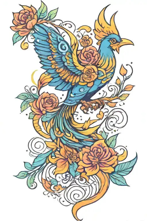 outer space flower power dainty colorful majestic phoenix rising tattoo design idea