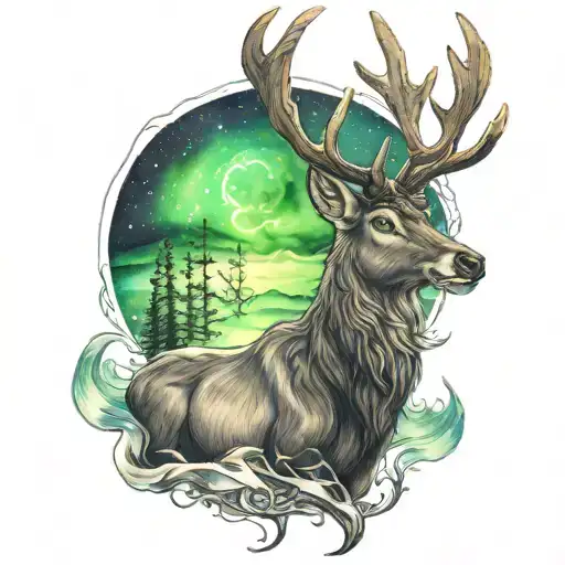 northern lights reindeer tattoo design idea