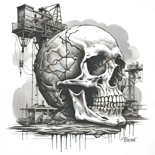 An oilfield landscape with a skull hidden in the background tattoo design idea