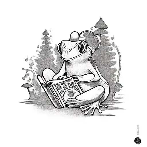 frog reading a book while listening to music sitting on a mushroom by a pond surrounded by plants and trees tattoo design idea