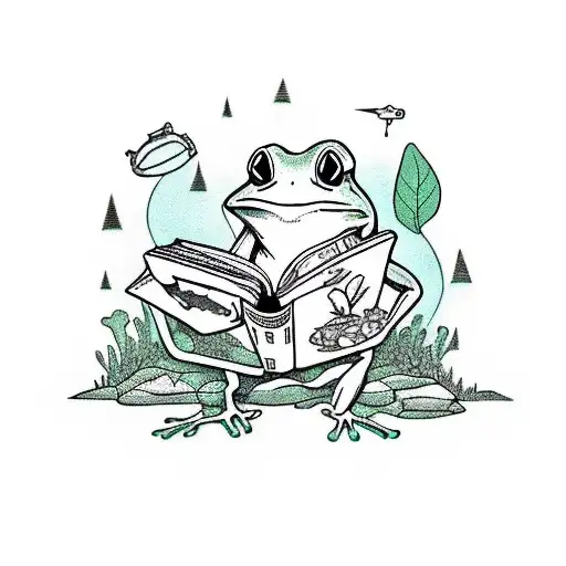 frog reading a book while listening to music sitting on a rock by a pond surrounded by plants and trees tattoo design idea