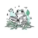 frog reading a book while listening to music sitting on a rock by a pond surrounded by plants and trees tattoo design idea