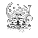 frog reading a book while listening to music sitting on a rock by a pond surrounded by plants and trees tattoo design idea