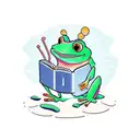 frog reading a book while listening to music sitting on a rock by a pond surrounded by plants and trees tattoo design idea