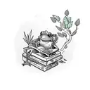 frog reading a book while listening to music sitting on a rock by a pond surrounded by plants and trees tattoo design idea