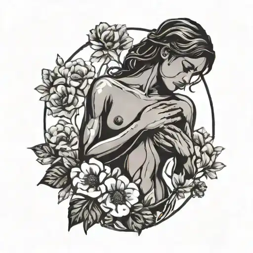 Breast Cancer and silhouette of woman touching her chest and flowers  tattoo design idea