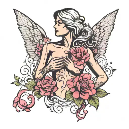 Breast Cancer and silhouette of woman touching her chest and flowers  tattoo design idea